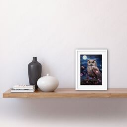 Artery8 Wall Art Print Majestic Owl Portrait Oil Painting Great Horned Purple Pink Blue Full Moon in Spring Meadow w/ Wildflowers Artwork Framed 9X7 - thumbnail 2