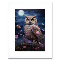 Artery8 Wall Art Print Majestic Owl Portrait Oil Painting Great Horned Purple Pink Blue Full Moon in Spring Meadow w/ Wildflowers Artwork Framed 9X7 - thumbnail 1