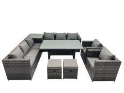 Fimous Garden Rattan Furniture Set 10 Seater with Side Table 2 Small Stool in Dark Grey - thumbnail 2