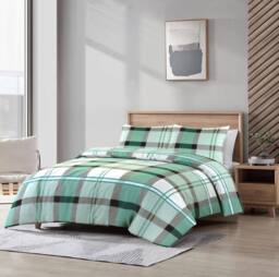 Homes-Linen Checkered Duvet Cover Set in Green - Size: Single - thumbnail 1