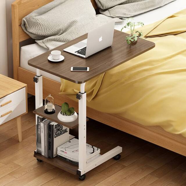 Living and Home 3-tier Height Adjustable Mobile Table Overbed Desk with Wheels in Brown - image 1