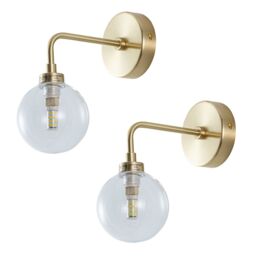 First Choice Lighting Set of 2 Toner - Satin Brass with Clear Glass Globe Wall Lights in Gold