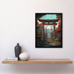 Artery8 Wall Art Print Red Torii Gate Leading to Shinto Shrine in Forest Painting Steps to Sacred Grounds Temple in Tranquil Landscape Art Framed - thumbnail 4