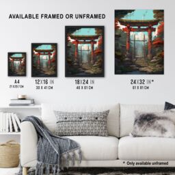 Artery8 Wall Art Print Red Torii Gate Leading to Shinto Shrine in Forest Painting Steps to Sacred Grounds Temple in Tranquil Landscape Art Framed - thumbnail 3