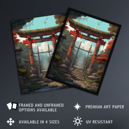 Artery8 Wall Art Print Red Torii Gate Leading to Shinto Shrine in Forest Painting Steps to Sacred Grounds Temple in Tranquil Landscape Art Framed - thumbnail 2
