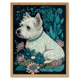 "Artery8 Wall Art Print West Highland White Terrier Sitting in Flower Field Modern Dark Art Framed in Light Oak - Size: W12"" x H16""" - thumbnail 1