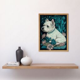 "Artery8 Wall Art Print West Highland White Terrier Sitting in Flower Field Modern Dark Art Framed in Light Oak - Size: W12"" x H16""" - thumbnail 2