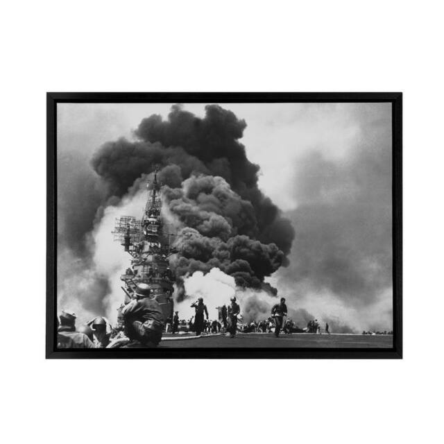"Artery8 WWII USS Battleship Bunker Hill Kamikazes Framed Canvas Wall Art Print in Grey - Size: W12"" x H16""" - image 1