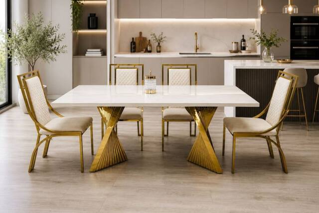 Stratus Interiors Ravello Black & Cream Marble Dining Table with Gold Pedestal Base - Size: 180 cm x 90 cm - image 1