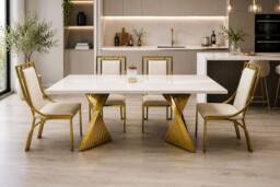 Stratus Interiors Ravello Black & Cream Marble Dining Table with Gold Pedestal Base - Size: 180 cm x 90 cm