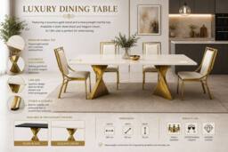 Stratus Interiors Ravello Black & Cream Marble Dining Table with Gold Pedestal Base - Size: 180 cm x 90 cm - thumbnail 2