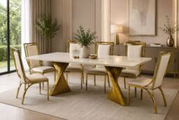 Stratus Interiors Ravello Black & Cream Marble Dining Table with Gold Pedestal Base - Size: 180 cm x 90 cm - thumbnail 4