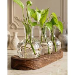 Havendro Glass Plant Propagation Station with Wooden Stand 3 Bulb Vase - thumbnail 4
