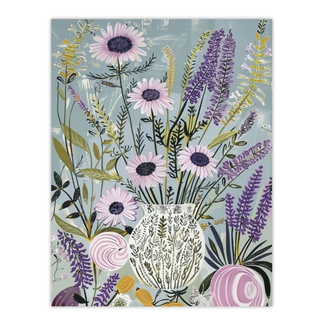 "Artery8 Lavender Wildflowers Bouquet in Vase Fun Rustic Wall Art Print in Blue - Size: W24"" x H32""" - image 1