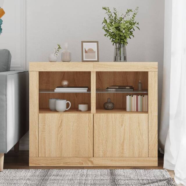 Berkfield Home Side Cabinets with LED Lights 2 pcs Sonoma Oak Engineered Wood in Light Brown - image 1