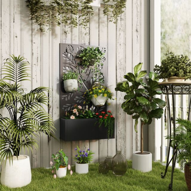 OUTSUNNY Metal Raised Garden Bed with Trellis, Outdoor Elevated Planter Box in Black - image 1