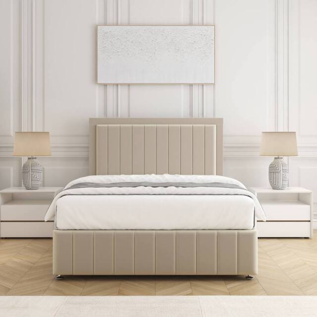 "BSSPOKE Sophia Divan Bed Set Plush Velvet 54""Headboard Mattress & No Drawers in Cream - Size: Single" - image 1