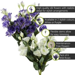 Pegdev Pack of 6 80cm Artificial Purple Wild Rose Stems with Silk Flowers - thumbnail 2