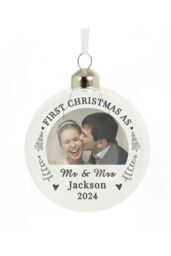 Personalised Memento Company Personalised First Married Christmas Photo Upload Glass Bauble in Clear