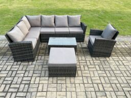 Fimous 8 Seater Rattan Garden Furniture Corner Sofa Set Outdoor Patio Sofa Chair Table Set with Rectangular Coffee Table in Dark Grey - thumbnail 2