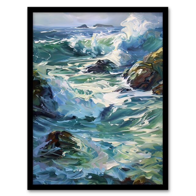 "Artery8 Sea Spray Waves Crashing on Rocks Oil Painting Framed Art Print in Blue - Size: W12"" x H16""" - image 1
