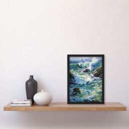 "Artery8 Sea Spray Waves Crashing on Rocks Oil Painting Framed Art Print in Blue - Size: W12"" x H16""" - thumbnail 4