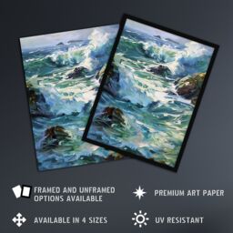 "Artery8 Sea Spray Waves Crashing on Rocks Oil Painting Framed Art Print in Blue - Size: W12"" x H16""" - thumbnail 2