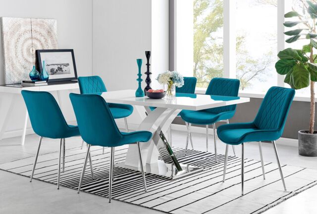 FurnitureboxUK Atlanta 6 White Dining Table & 6 Pesaro Silver Leg Chairs in Blue - image 1