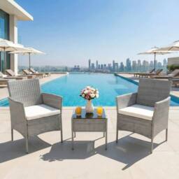 Alivio 2 Patio Chairs with Cushions & Coffee Table, Weather-Resistant in Grey - thumbnail 3