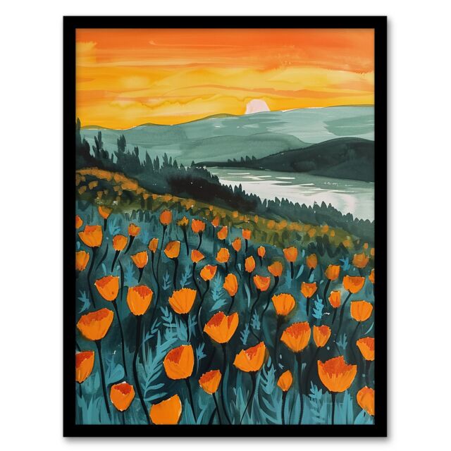 Artery8 Floral Shoreline California Poppies At Sunrise Framed Wall Art in Green - Size: A4 - image 1
