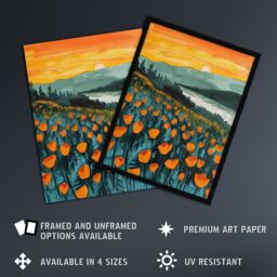 Artery8 Floral Shoreline California Poppies At Sunrise Framed Wall Art in Green - Size: A4 - thumbnail 2