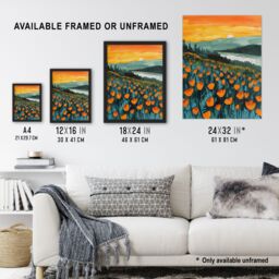 Artery8 Floral Shoreline California Poppies At Sunrise Framed Wall Art in Green - Size: A4 - thumbnail 3