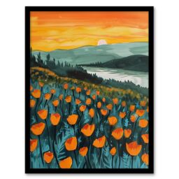 Artery8 Floral Shoreline California Poppies At Sunrise Framed Wall Art in Green - Size: A4 - thumbnail 1