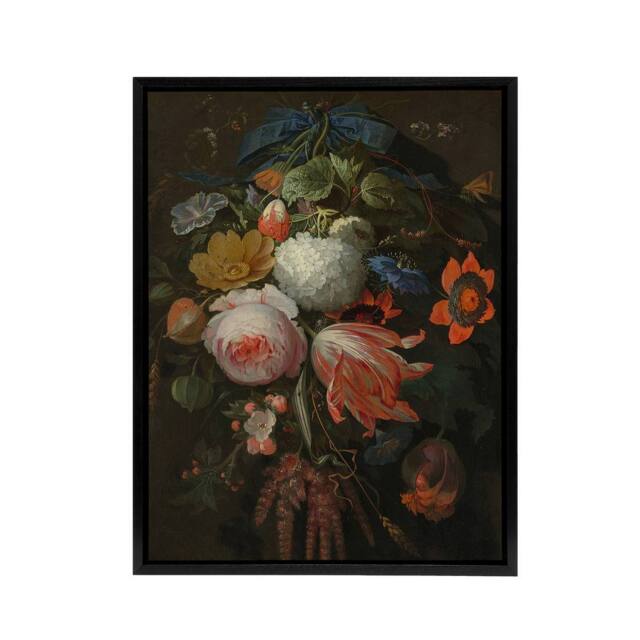 "Artery8 Hanging Bouquet of Flowers Abraham Mignon Black Framed Canvas Wall Art - Size: W12"" x H16""" - image 1