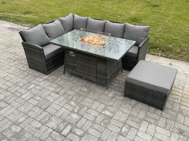 Fimous 7 Seater Rattan Garden Furniture Sets High Back Corner Sofa Fire Pit Dining Table Sets Gas Heater with Big Footstool Dark Grey Mixed - image 1