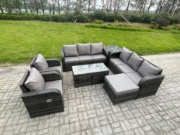 Fimous 11 Seater Wicker PE Rattan Sofa Set Outdoor Patio Garden Furniture with 2 Reclining Chairs Coffee Table Side Table in Dark Grey - thumbnail 2