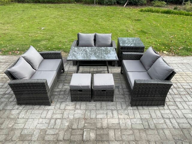 Fimous 7 PCS Outdoor Lounge Sofa Set Wicker PE Rattan Garden Furniture Set with Rectangular Dining Table Love Seat Sofa in Dark Grey - image 1