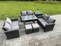 Fimous 7 PCS Outdoor Lounge Sofa Set Wicker PE Rattan Garden Furniture Set with Rectangular Dining Table Love Seat Sofa in Dark Grey - thumbnail 2