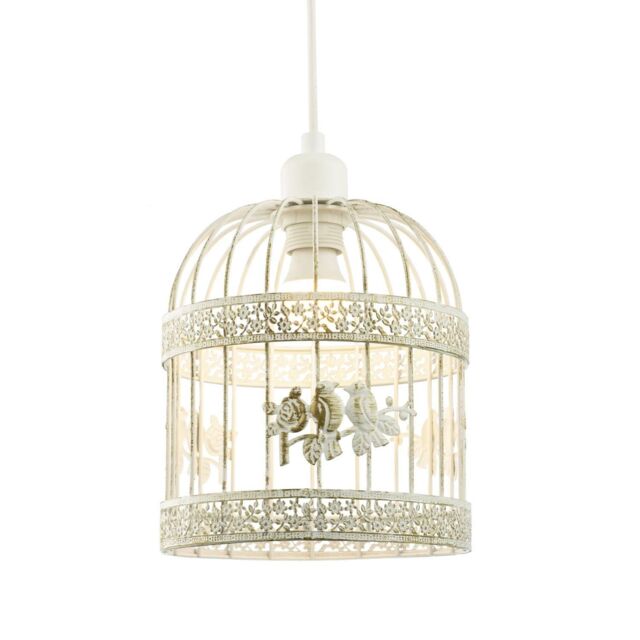 Happy Homewares Shabby Chic Brushed Cream & Gold Birdcage Shade with 3D Flowers & Birds