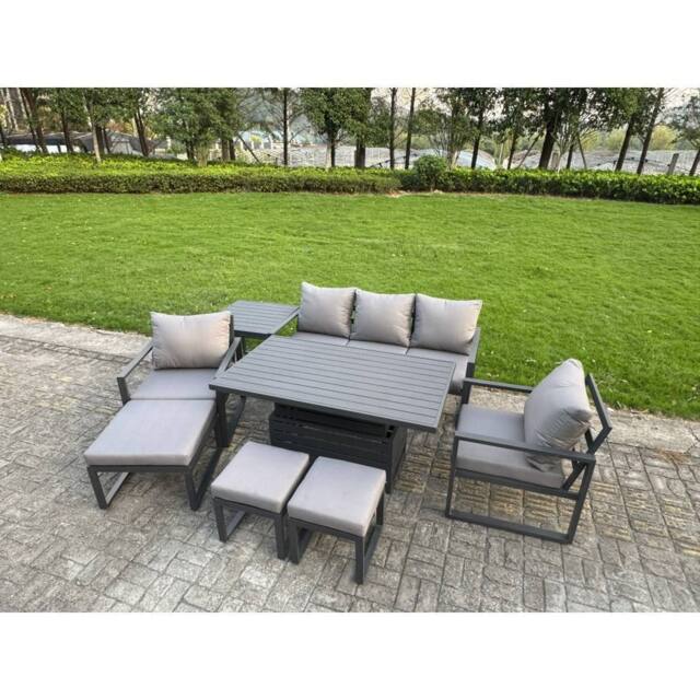Fimous Aluminum 8-Seater Sofa Set with Lifting Table, 2 Chairs, 3 Footstools in Dark Grey - image 1
