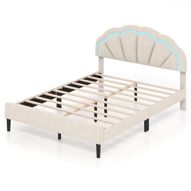 Gymax King Upholstered LED Bed Frame Platform Bed Adjustable Petal Headboard in Beige - image 1