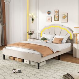 Gymax King Upholstered LED Bed Frame Platform Bed Adjustable Petal Headboard in Beige - thumbnail 4