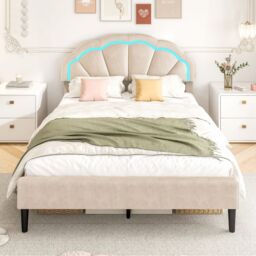 Gymax King Upholstered LED Bed Frame Platform Bed Adjustable Petal Headboard in Beige - thumbnail 5