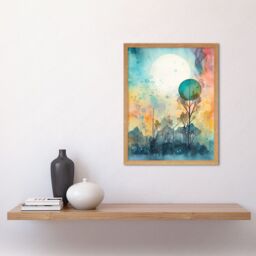 "Artery8 Wall Art Print Winter Forest Landscape Dreamland Partial Sun Eclipse & Snowfall over Trees Modern Watercolour Art Framed - Size: W12"" x H16""" - thumbnail 2