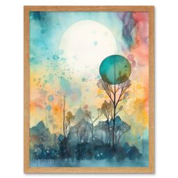 "Artery8 Wall Art Print Winter Forest Landscape Dreamland Partial Sun Eclipse & Snowfall over Trees Modern Watercolour Art Framed - Size: W12"" x H16""" - thumbnail 1