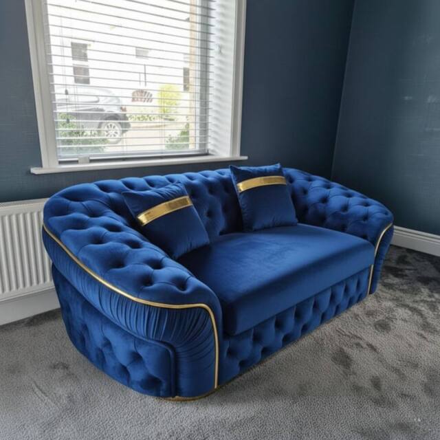 Stratus Interiors Ambassador Sofa Chesterfield Toronto Gold Trim Plush Velvet No Frills in Blue - Size: 2 Seater - image 1