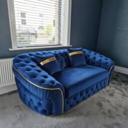 Stratus Interiors Ambassador Sofa Chesterfield Toronto Gold Trim Plush Velvet No Frills in Blue - Size: 2 Seater - thumbnail 1