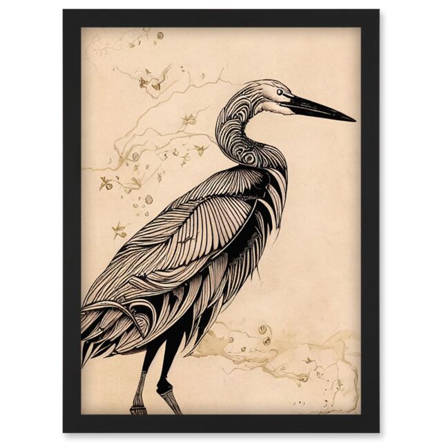 Artery8 Heron Bird Simple Ink Illustration Artwork Framed Wall Art Print A4 in Black - image 1