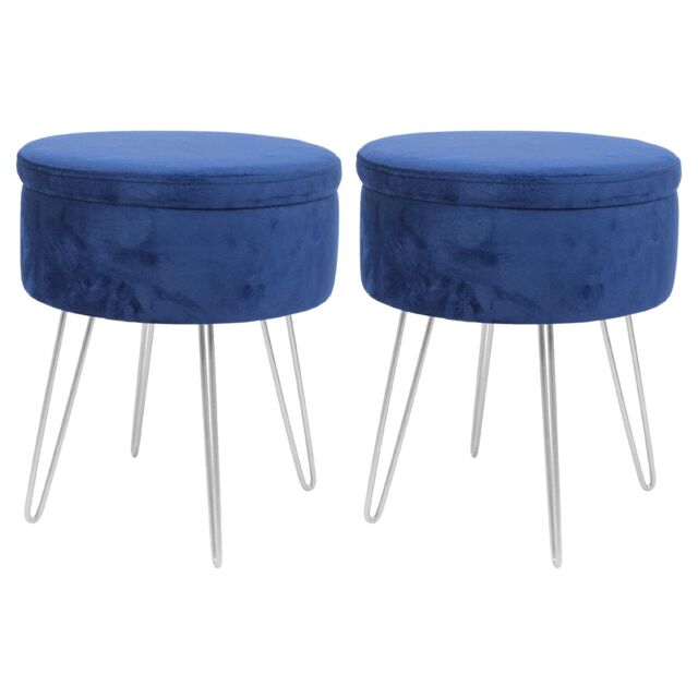 Harbour Housewares Round Velvet Storage Footstools - H45 x D36cm - Silver Legs - Pack of 2 in Blue - image 1