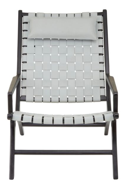 Orsina Grey Cow Leather Woven Chair, Sleek Teak Wood Lounge Accent Chair With Head Cushion, Grey Lattice Armchair - image 1
